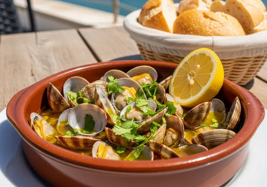 Des palourdes ouvertes dans une sauce à l'ail et à la coriandre