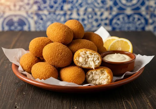 Plusieurs pastéis de bacalhau dorés servis avec un quartier de citron.